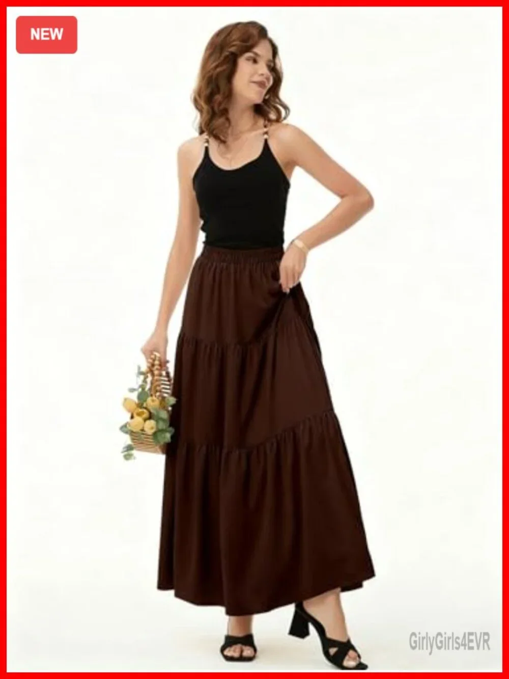 High Waisted Tiered Maxi Skirt Flowy A-Line with Pockets